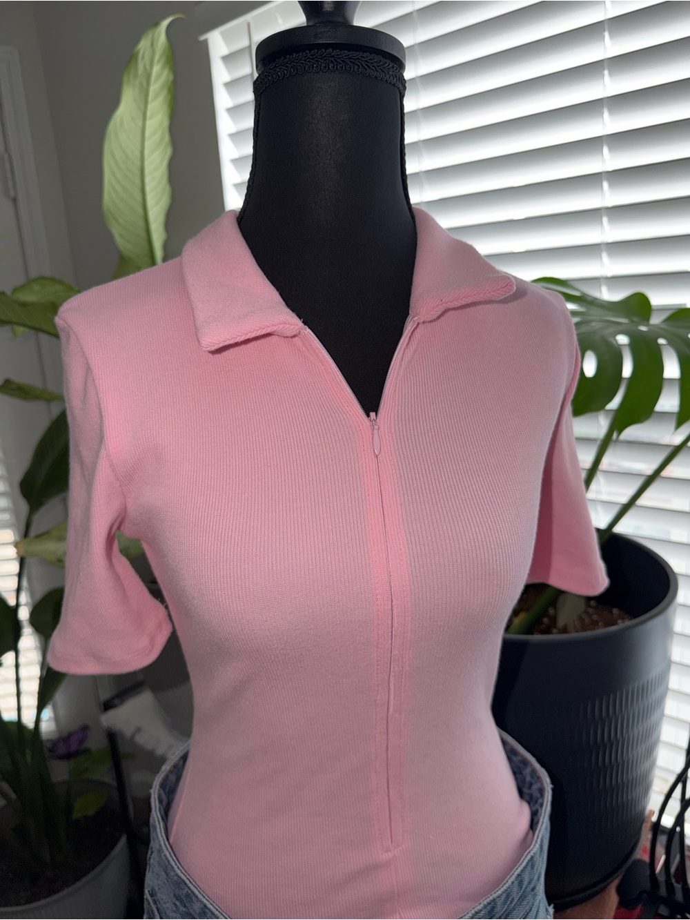 Fashion Nova Pink Ribbed Zip-Front Bodysuit